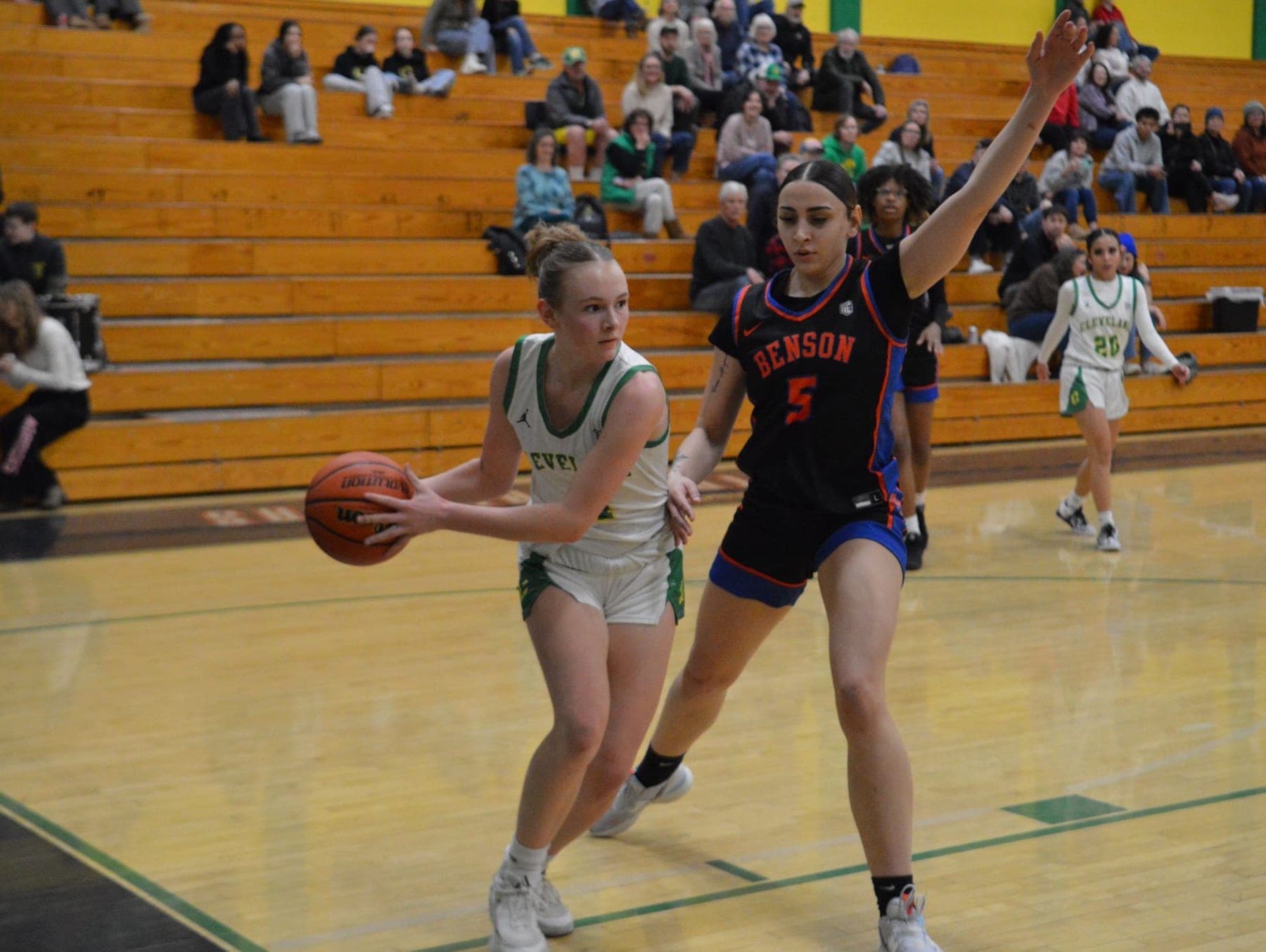 A Cleveland guard drives to the basket during a home game